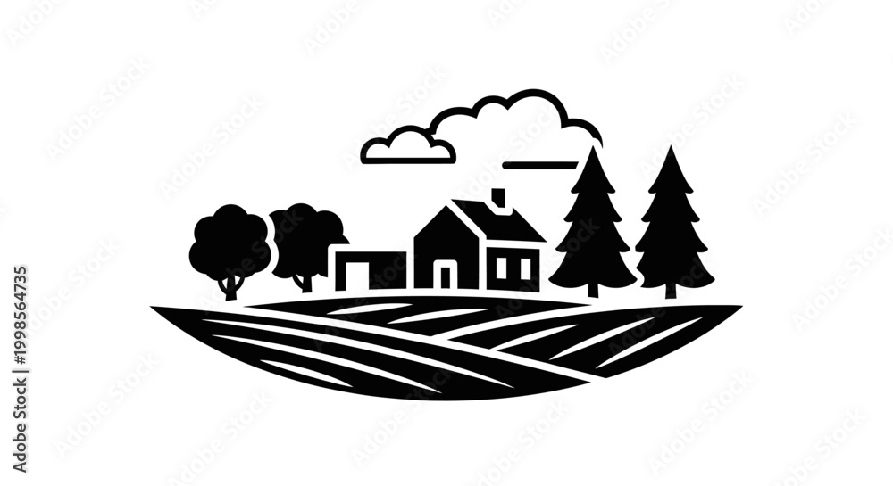 Naklejka premium Rural Landscape Icon: House, Trees, Fields, Clouds - Vector Illustration