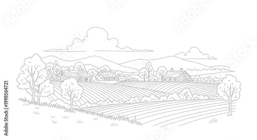 Rural Landscape Drawing: Farmhouses, Fields, Hills, and Trees in Sketch Style