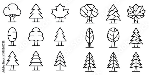 Tree icons with pine and maple simple outline
