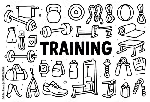 Training icons with dumbbell kettlebell mat bold outline
