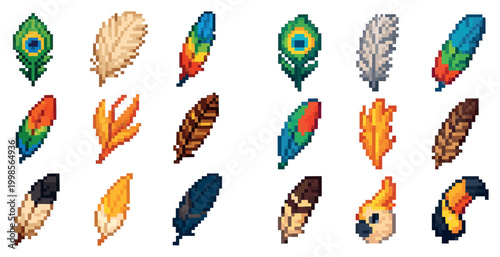 Feather pixel icons with peacock plume and colorful quill pixel
