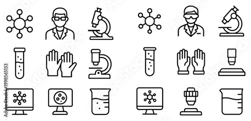 Laboratory icons with microscope test tube beaker thin outline