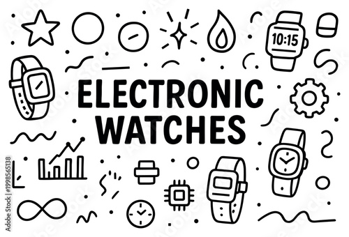 Electronic watches icons with smartwatch wristwatch clock outline style