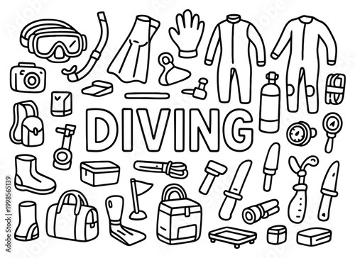 Diving icons with mask fins wetsuit outline style