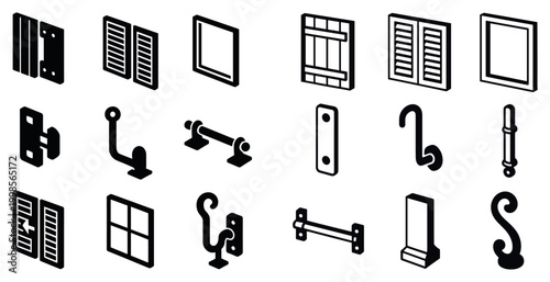 Home hardware icons with hinge shutter handle outline style