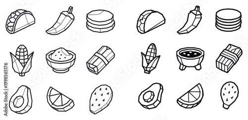 Mexican icons with taco pepper corn outline style