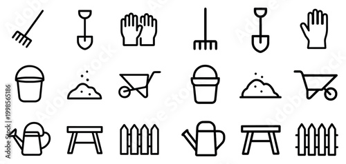 Gardening icons with rake shovel bucket and watering can thin line