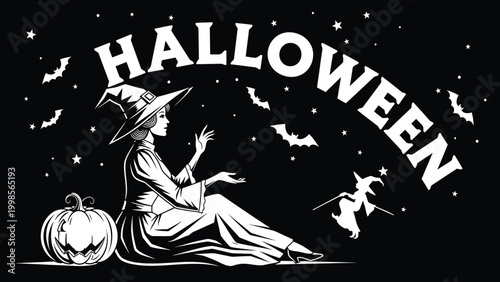 Halloween witch sitting with jack-o-lantern and bats