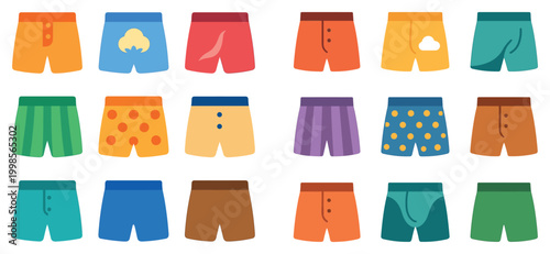 Clothing icons with boxer short trunks flat colorful style