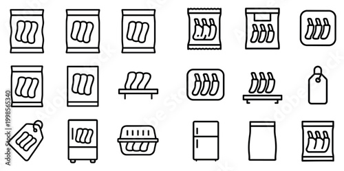 Meat icons with sausage pack and fridge outline