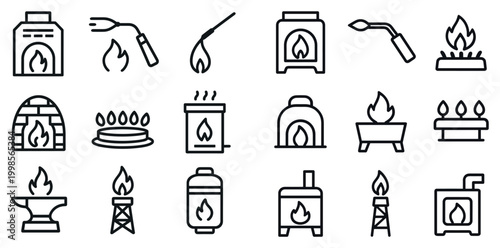 Fire icons with flame torch stove burner outline