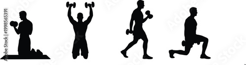 Male Fitness Silhouettes Set with Dumbbells, Man Doing Bicep Curls Shoulder Press and Lunges for Gym Training and Workout Infographics