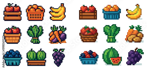 Produce icons with apple banana strawberry pixel art