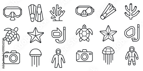 Marine icons with snorkel turtle starfish outline minimal