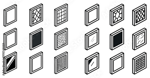 Architecture icons with window frame and grille outline style