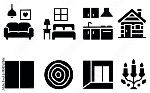 Home icons with sofa bed kitchen silhouette interior