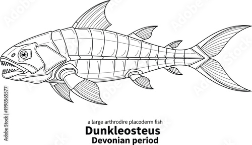 Dunkleosteus large armored fish with sharp teeth, devonian period prehistoric creature.