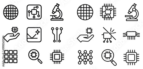 Technology icons with chip microscope network circuit outline