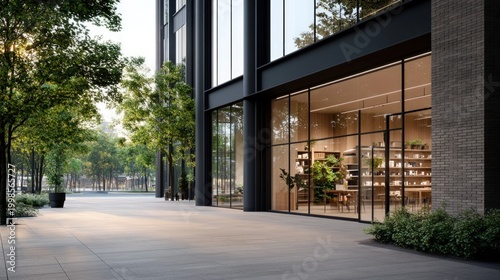Modern building entrance with green trees and store interior