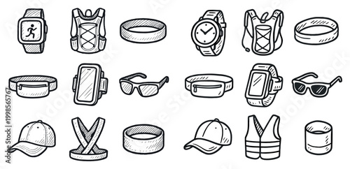 Running gear icons with watch vest cap outline