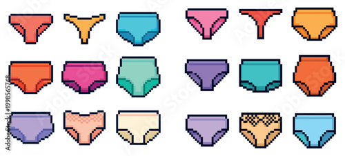 Underwear icons with briefs panties pixel art style