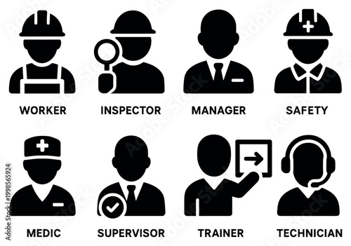 Workplace safety icons with worker inspector technician solid