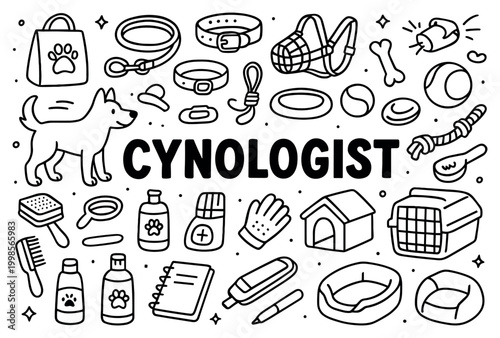 Cynologist icons with dog collar leash care playful outline style