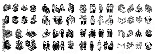 Isometric carnival icons with diverse people