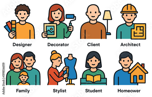 Home services icons with designer decorator architect flat style