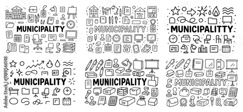 Municipality icon set with office and city elements