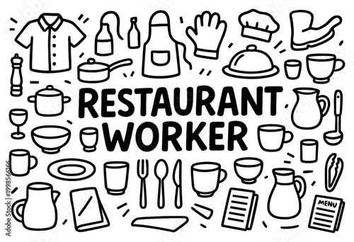 Restaurant icons with apron cloche utensils outline style