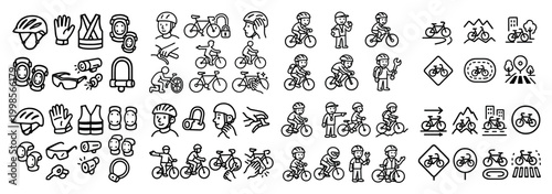 Cycling icons: helmets, bikes, safety gear illustrated