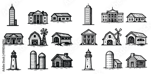 Rural buildings icons with barn lighthouse and cabin sketch