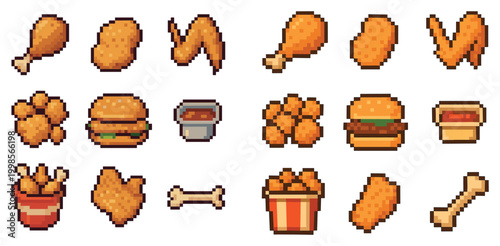 Fast food icons with chicken drumstick burger fries pixel