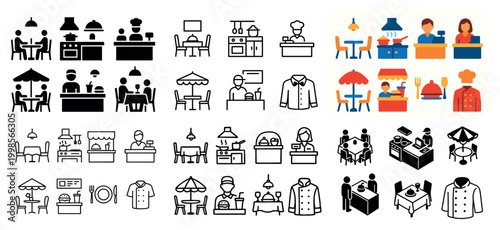 Restaurant icons and chef illustrations collection