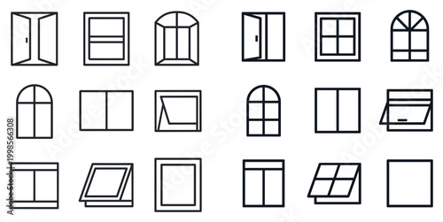 Window icons with pane arch casement simple outline