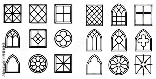 Window icons with arched panes and round motifs outline