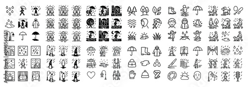 Black and white rainy day icons set