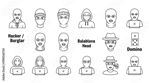 Vászonkép Hacker burglar domino and balaclava head icon set showing masked characters for