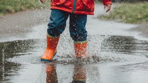 Child in Orange Rain Boots Jumping in Puddle and Splashing Water on Rainy Day