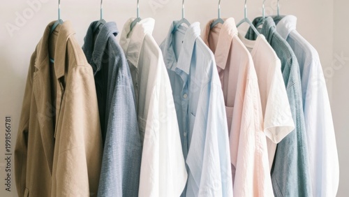 Organized Wardrobe with Colorful Shirts on Hangers - Neutral and Pastel Clothing Collection