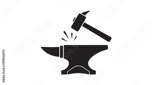 Foto Anvil and hammer with impact sparks icon for premium blacksmithing tools and ind