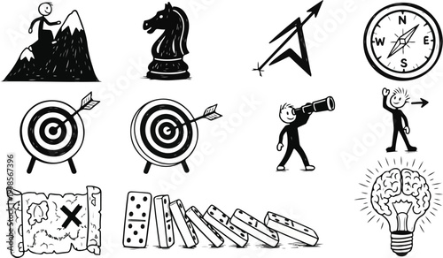 A collection of hand-drawn business and strategy icons including mountain climber, chess, compass, target.