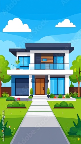 Two-story modern house with a gray pathway, green yard, blue sky, and a white cloud in the background