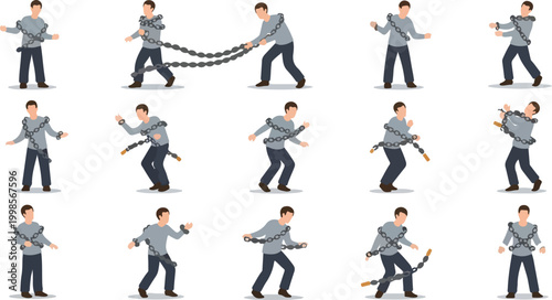 Collage of illustrations depicting man trapped in metal chains in various poses and movements showing feelings of stress.