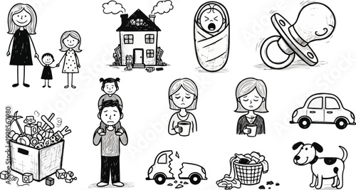 Doodle art of family life challenges, including a baby, broken car, laundry, and toys.