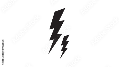 Lightning bolt icon with sharp black jagged shapes on a white background for energy and power symbolism featuring electricity, electric, thunder with