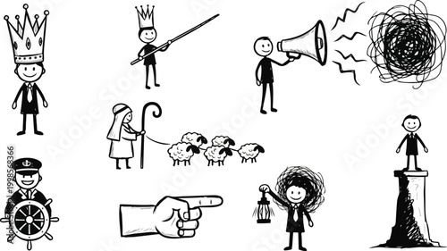 Leadership and communication doodle set features stick figures in various roles including king shepherd and lighthouse.