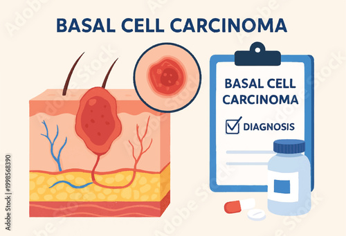Basal Cell Carcinoma Medical Illustration with Skin Layer Diagram