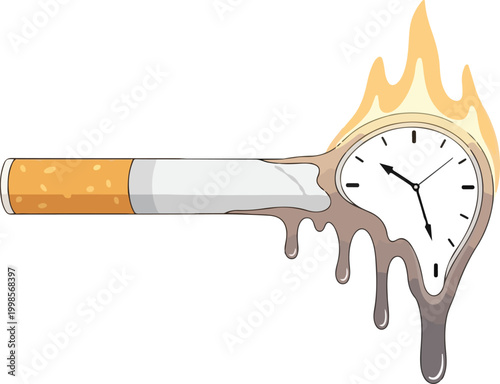 Melting clock and cigarette concept vector art representing time lost and life expectancy shortened by smoking habits.